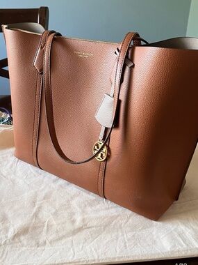 Tory Burch Brown Pebbled Leather Tote with Logo Charm